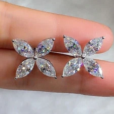 2Ct Marquise Cut Simulated Diamond Flower Stud Earrings In 14K White Gold Plated