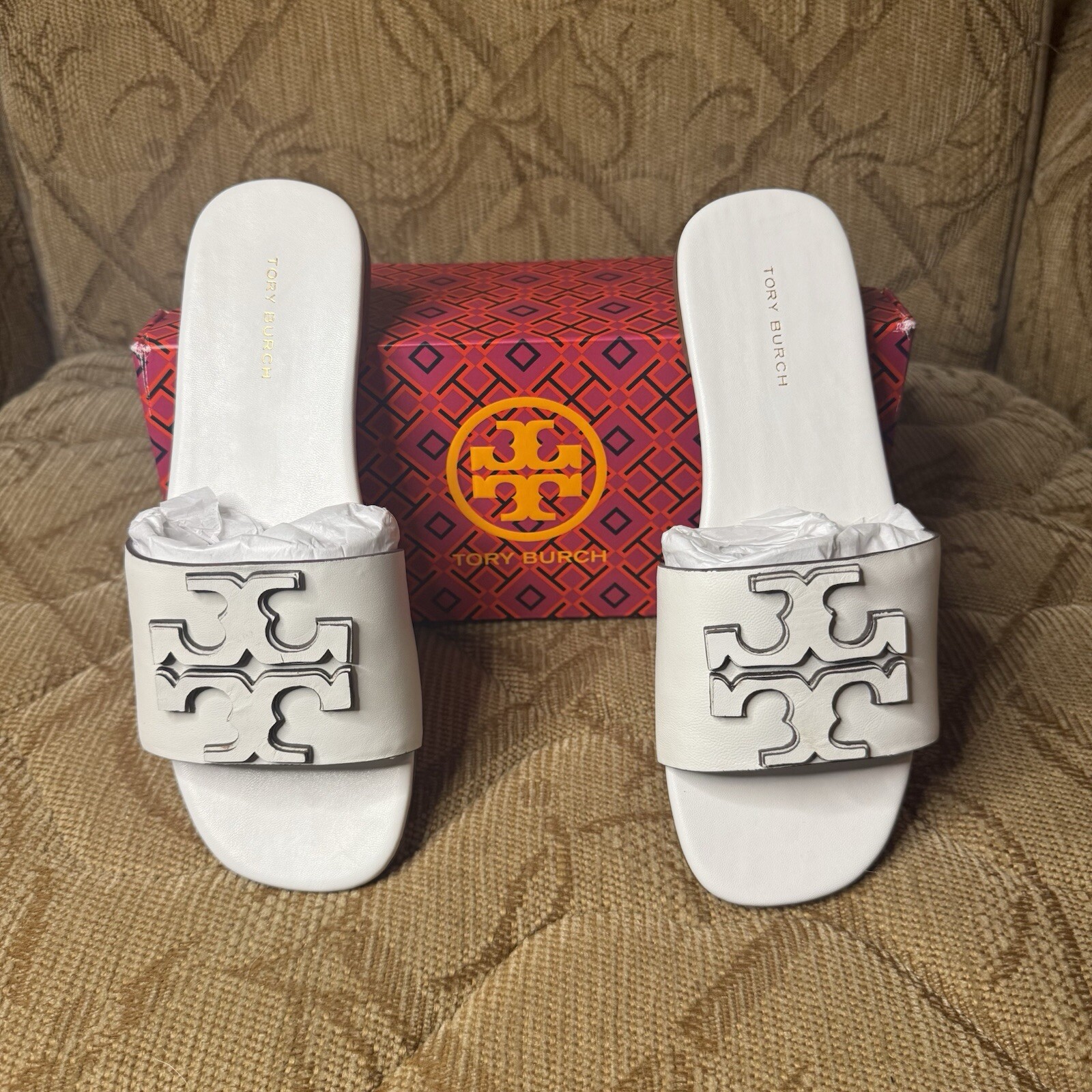TORY BURCH Women's Ines Flat Slide Goat Leather ~ Gardenia 109 Size 5