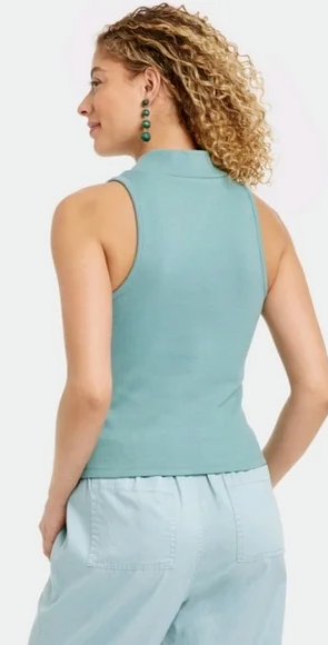 A New Day Rib Texture Mock Neck Slim Fit Teal Blue Tank Top