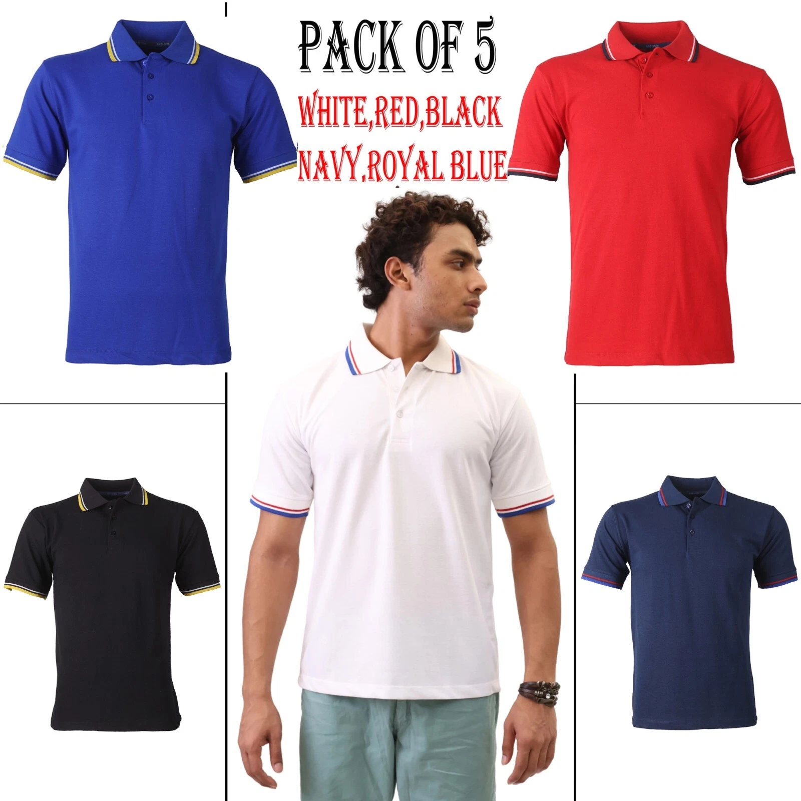 Mens Short Sleeve Polo Shirt Cotton Blend Tipping T Shirt Top Pique PACK OF 5
Opens in a new window