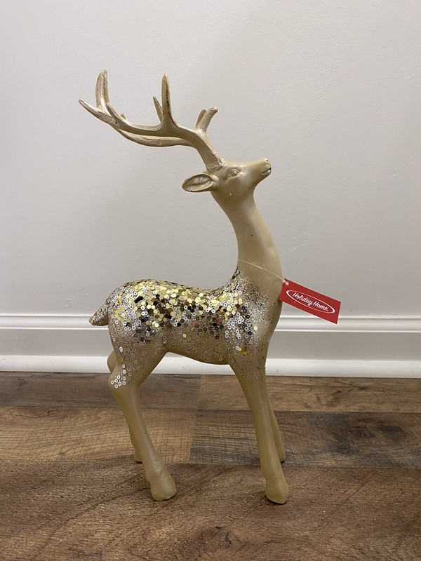 Reindeer Figurine Holiday Home Glisten & Glow Gold Sequin Christmas Decorations