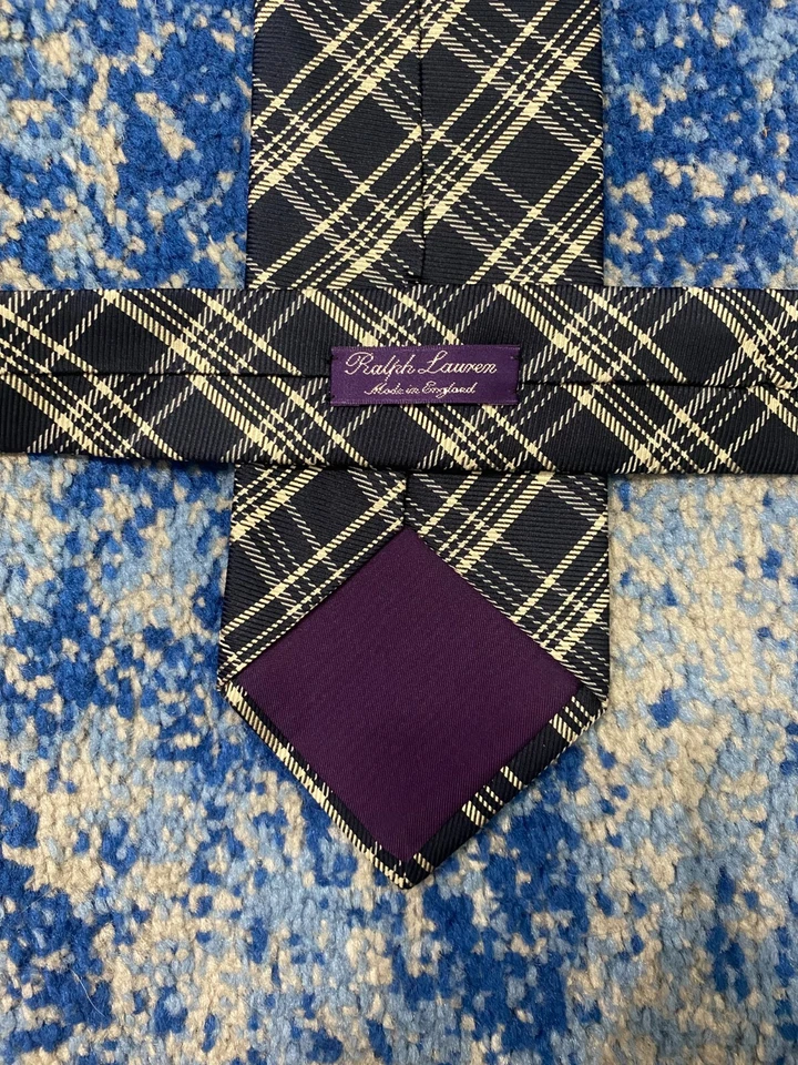 Corbata a Cuadros Ralph Lauren Etiqueta Púrpura Azul Marino Crema Plata Sesgada Hecha a Mano  Foto 4 de 4