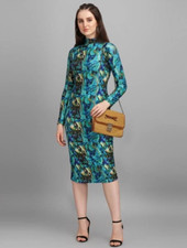 Women's Bodycon green dress with high neck stretchable size below knee 14 (XL)