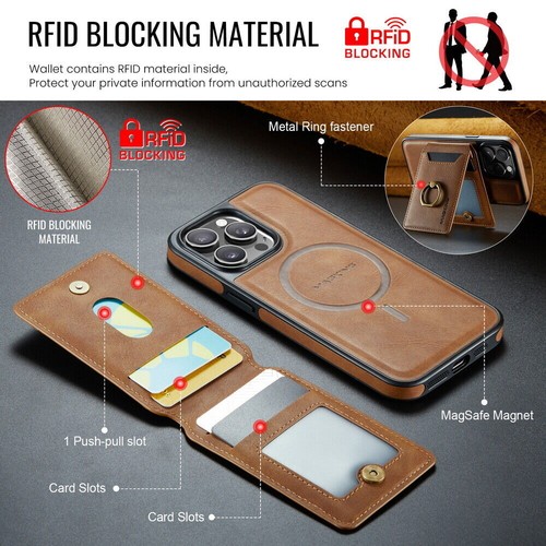 MagSafe Case For iPhone 12 13 14 15 16 with Magnetic Leather Wallet + Metal Ring - Zdjęcie 4 z 149