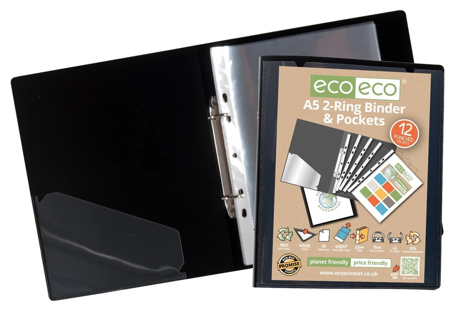A5 slim ring binder + 12 Plastic punched pockets Quality BLACK Folder eco-eco
