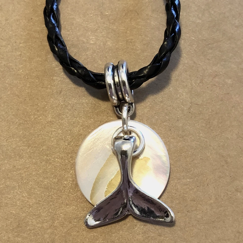 Whale Tail Charm W MOP Disc Necklace Unisex leather 18" handmade USA 1760 - Image 2 of 3