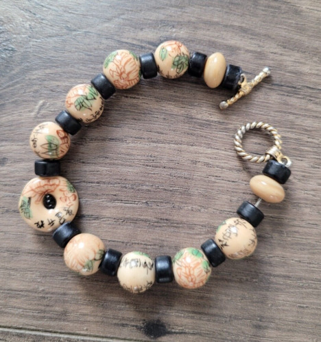 Vintage Asian Beaded Bracelet Hand Painted Chines… - image 1