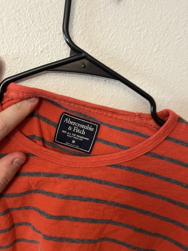 Abercrombie & Fitch Men’s Orange & Gray Striped LS Crewneck Waffle Knit Top Sz M - Picture 3 of 5