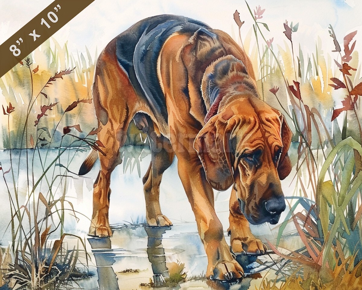 Bloodhound watercolor painting by a misty marsh 8x10 Print