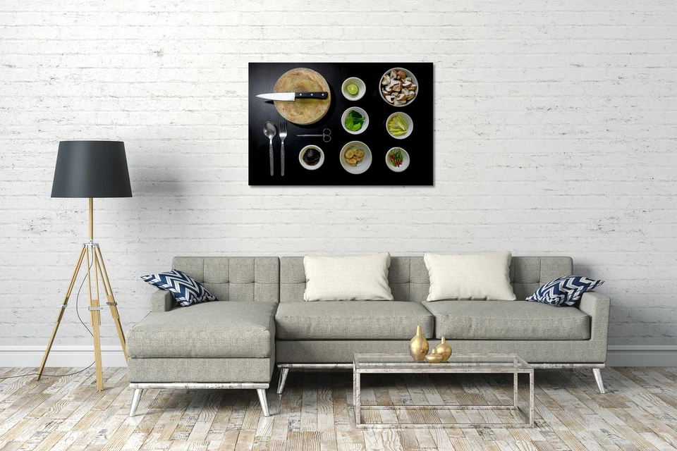 Lein-Wand-Bild: Wandbild Küchendeko Besteck, Schälchen mit Gemüse und Limette - Bild 2 von 2