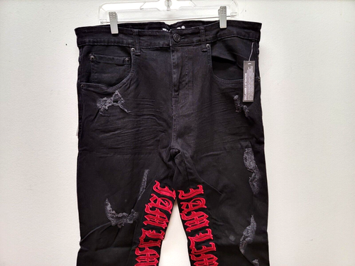 NEW TAKER PREMIUM 38X32 Slim Fit Stretch Ripped Distressed Red Embroidery Jean - Picture 2 of 9