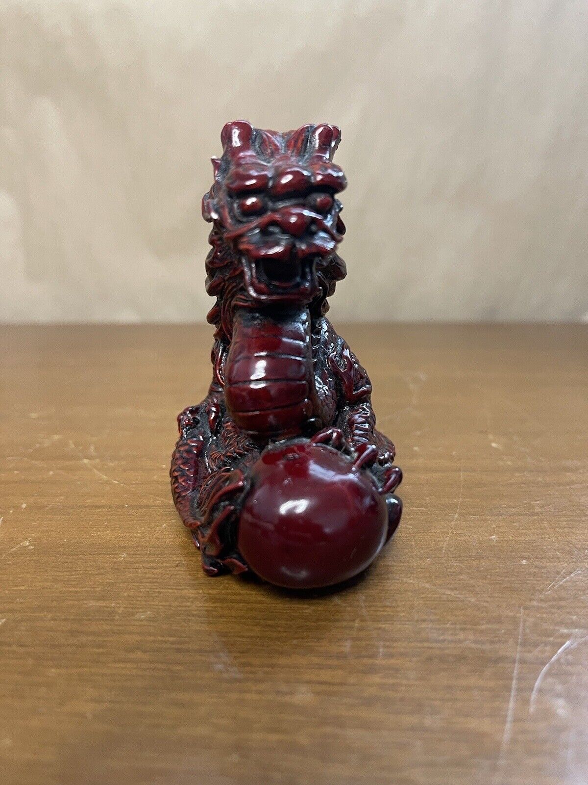 Ox Blood Red CHINESE DRAGON SCULPTURE ~ 3.5" Cinnabar Resin Feng Shui Protection