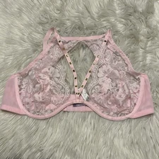 Adore Me 40DD Bra Pink Plunge Floral Lace Sheer Studded Underwire