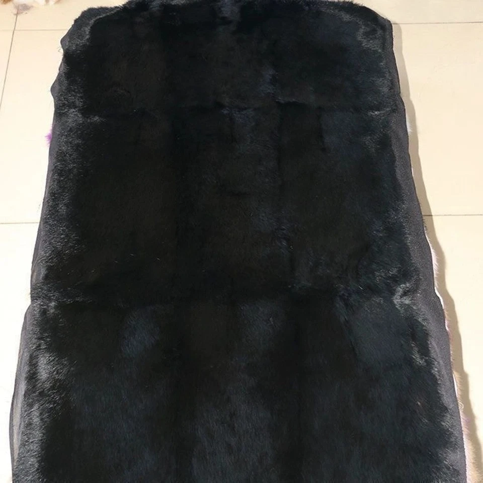 1PC Luxury Real Rabbit Fur Throw Blanket Patchwork Skin Rug 22x44" Leather Black - Image 2 of 4