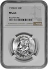 1958 D 50C Silver Franklin Half Dollar NGC Graded MS 63 White in New Holder