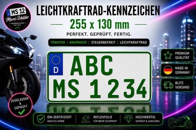 1 Kennzeichen GRÜN|255 x 130 mm| Traktor |Anhänger|Steuerbefreit |Leichtkraftrad