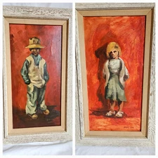 Original Oil Painting Jeanne Down, Knowles Artist, Boy & Girl 17 x 30 Set Of 2