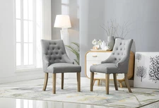Button Tufted Solid Wood Wingback Hostess Chairs with Nail Heads, Set of 2, Grey