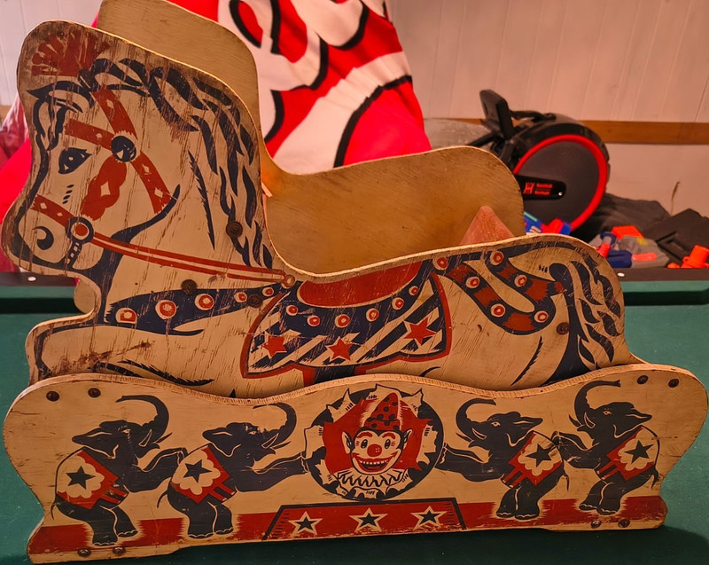 Vintage Circus Theme Wooden Rocking Horse with Elephants and Clown