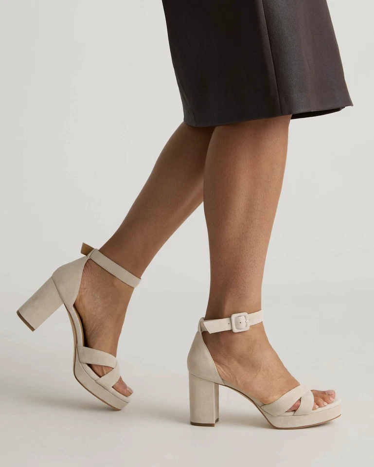 Quince Womens Italian Leather Crisscross Block Heel Sandal Almond Shoes 7