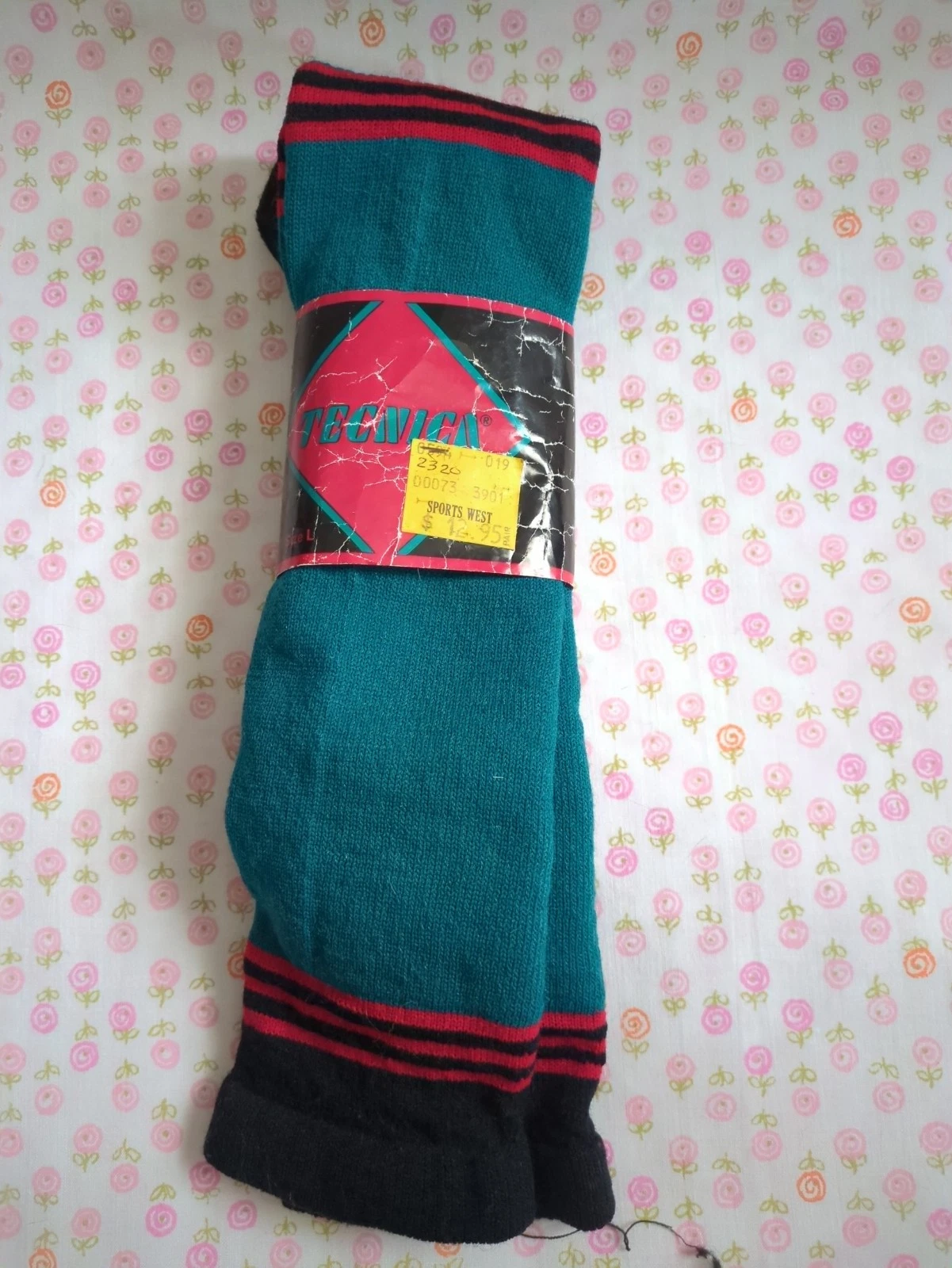 1 Pair Vintage Technica Tall Wool Blend Socks Tourqouise, Black Stripe