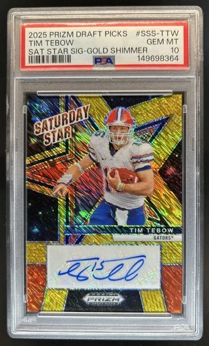 2025 Panini Prizm Draft Picks Football Gold Shimmer Tim Tebow #SSS-TTW PSA 10