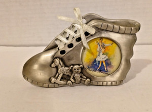 Baby Shoe Picture Frame Pewter Metal Boy Girl Unisex Nursery Decor Ribbon Laces
