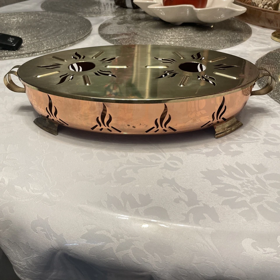Brass & Copper Metal Food Warmer Chafing Dish 2 Two Dual Burner - Image 2 of 4