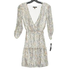 NWT City Studio Womens Dress Surplice Belted Lined Ivory Peach Size XXS 2XS DJ