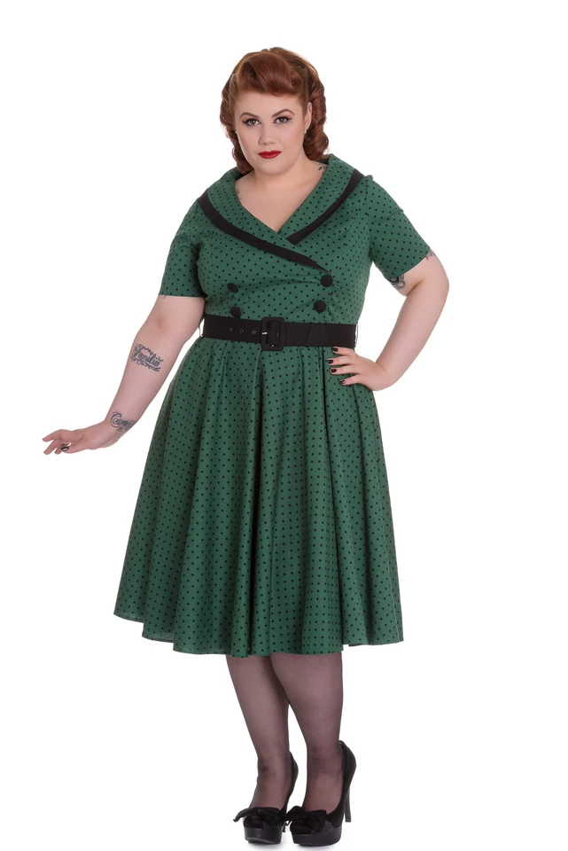 Hell Bunny Retro Fashion Mimi Polka Dot V-neck Fit and Flare belted Dress - Image 2 of 4
