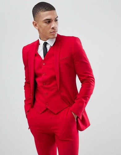 Mens 3 Piece Red Suit Elegant Groom 