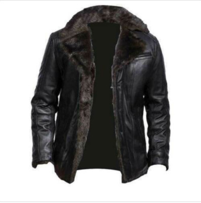 Mens Aviator Real Shearling Bomber Black Genuine Sheepskin Leather Jacket