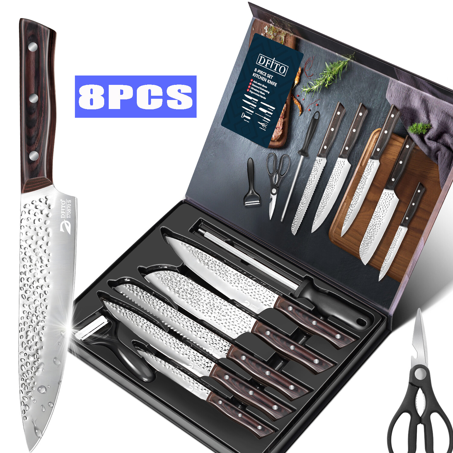 Kitchen Knife Set, 8Pcs Damascus Chef Knife Set With Box, Gift Set for Men Women