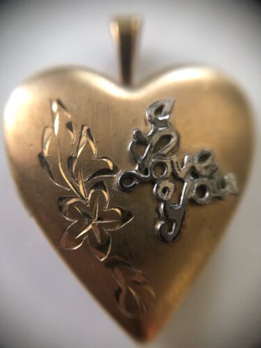 Vintage Locket Pendant Gold Fill Heart - Engraved leaves & Relief  I Love You  - Photo 1 sur 12