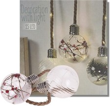 Christmas Ball Decorations with Lights, LED Hanging Bulb Light with Jute Rope