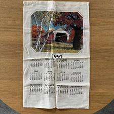 Vintage Year Calendar Linen Tea Towel 1991 Barn Farm House Fall Autumn Season