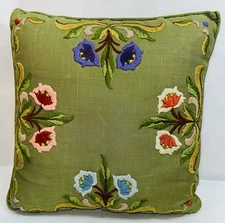 Vintage handmade floral design crewel embroidered 13"x13" décor pillow w/zipper
