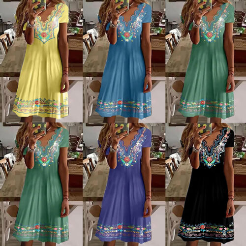 Women V Neck Boho Floral Midi Dresses Ladies Summer Casual Loose Swing Sundress