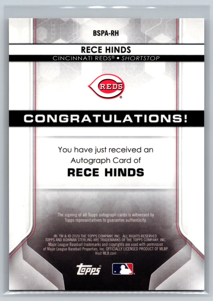 Rece Hinds 2020 Bowman Sterling Prospect Auto Gold Refractor /50 BSPA-RH - Image 2 of 2