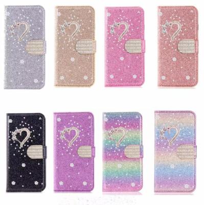 For iPhone 16 Pro Max 15 14 13 12 Bling Glitter Diamond Heart Wallet Case Cover