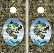 Bass Jumping 2 Bass Camo Background Fishing Cornhole Board Wraps Decals Skins