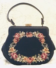 Vintage 1950s Black Handmade Needlepoint Rose Floral Purse EUC 