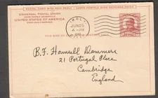 1946 McKinley postal card A Kiser Imola CA to Hounsell Dammers Cambridge England