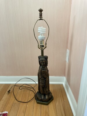 Vintage Table Lamp Carved Wood Wooden Mid Century Modern