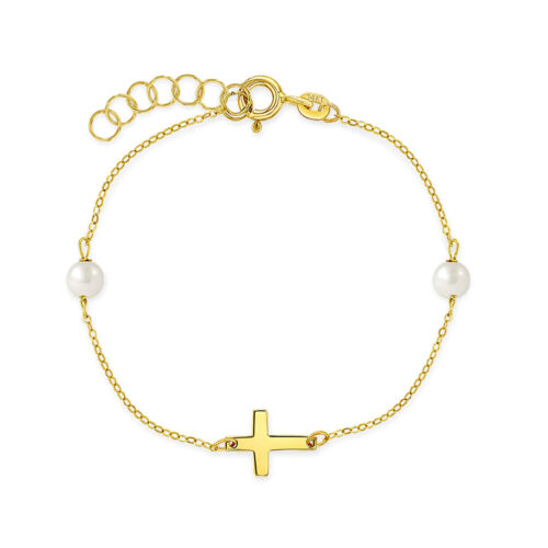 5-6" Polished Cross Baby/Toddler Bracelet Freshwater Cultured Pearl - 14k Gold - Afbeelding 1 van 4
