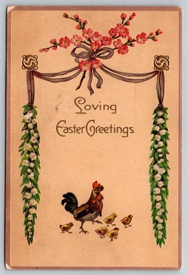 Easter greetings, Rooster, Chicks, Flowers, Green Stamp, Posted Postcard