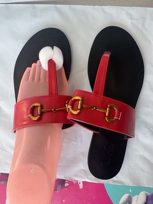 Gucci Women's Red Leather Slide Sandals Gold Horsebit Logo Slip On US 8