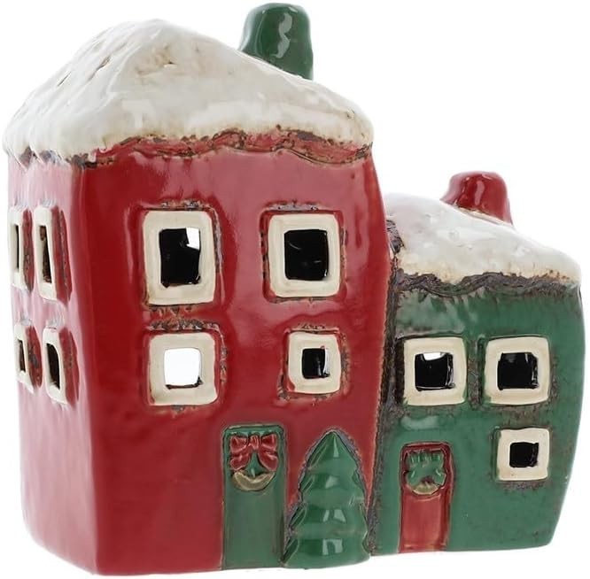 Shudehill Giftware Village Pottery Xmas Red & Green Two House Tealight Holder