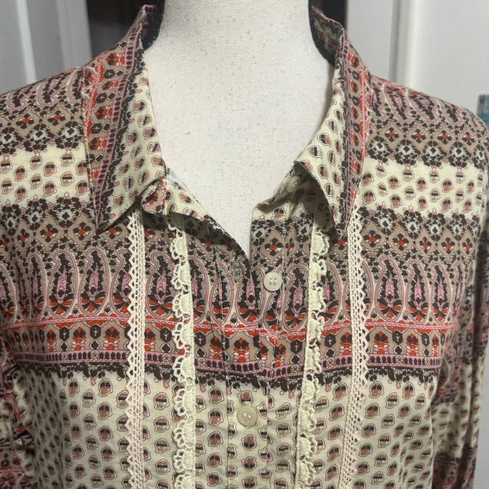 Mystree Tiered Tunic Blouse Sz Large Brown Cream Boho - Image 3 of 4