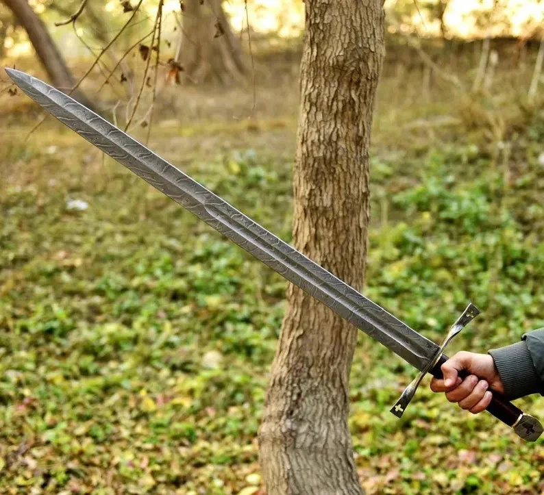 Espada Vikinga Real Medieval Damasco Acero Hecha a Mano con Cuero, Espada Vikinga Foto 3 de 4